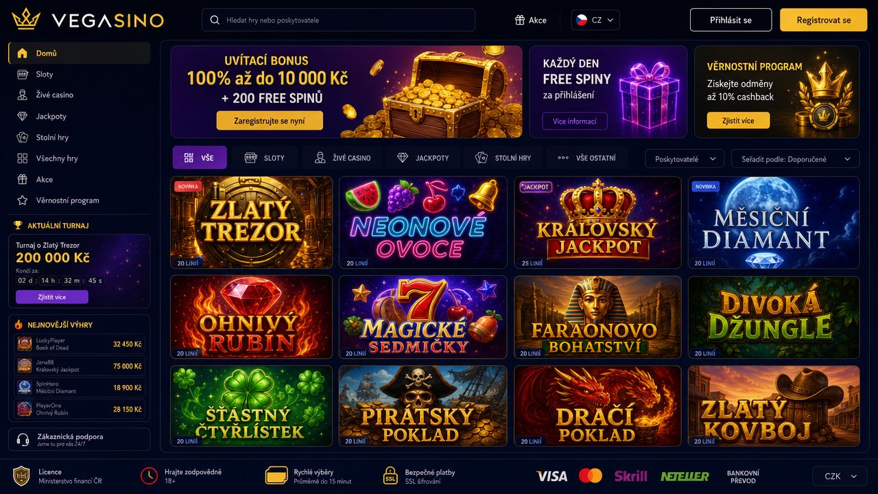 Snímek obrazovky domovské stránky kasina Vegasino