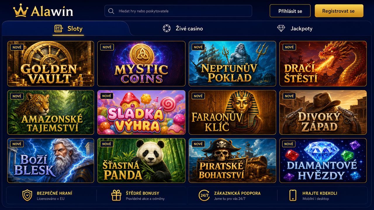 Ukázka webové stránky a herní nabídky online casina Alawin