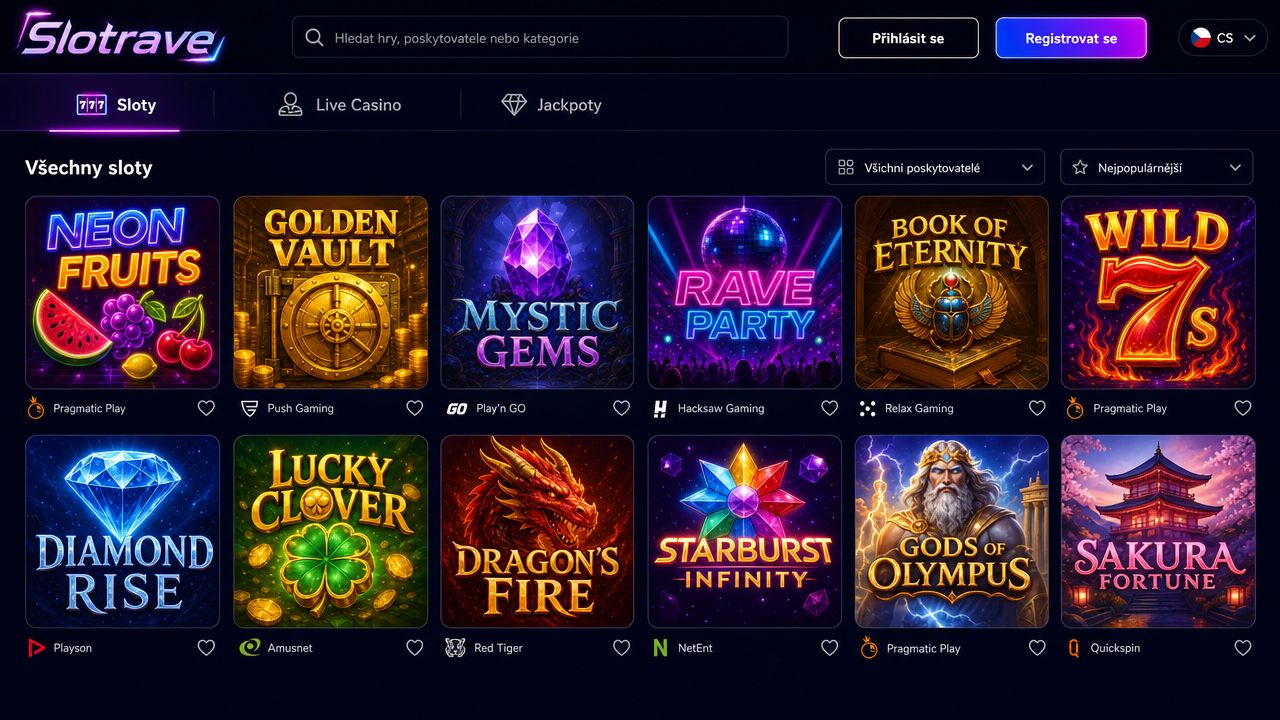 Náhled webové stránky online casina Slotrave